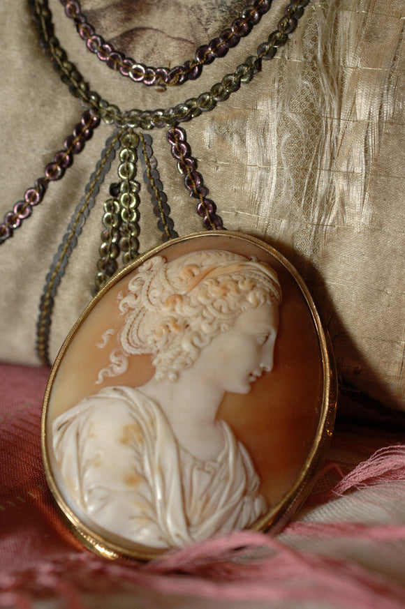 A cameo brooch, part of the jewellery collection at Snowshill Manor, in the room called Occidens