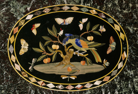 Detail of centre oval on rectangular pietra dura table top depicting rare butterflies, in the Drawing Room at The Argory