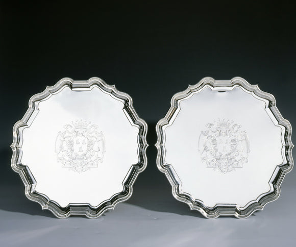 A pair of salvers by Peter Archambo, 1731/2, (DUN.S.469 a & b). Part of the silver collection at Dunham Massey, photographed for the Country House Silver book.