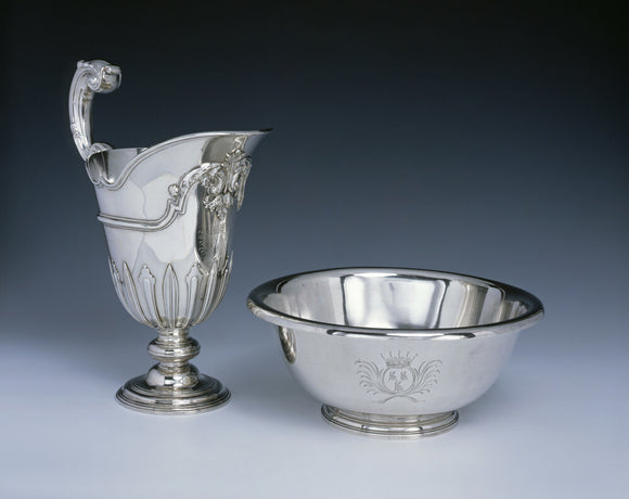 A large George II ewer by Samuel Courtauld and a basin by Edward Feline, both 1747, (DUN.S. 296 & 295) part of the silver collection at Dunham Massey, photographed for the Country House Silver book.