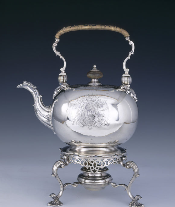 A tea kettle and stand by Edward Feline, 1746/7, (DUN.S.472) part of the silver collection at Dunham Massey, photographed for the Country House Silver book.
