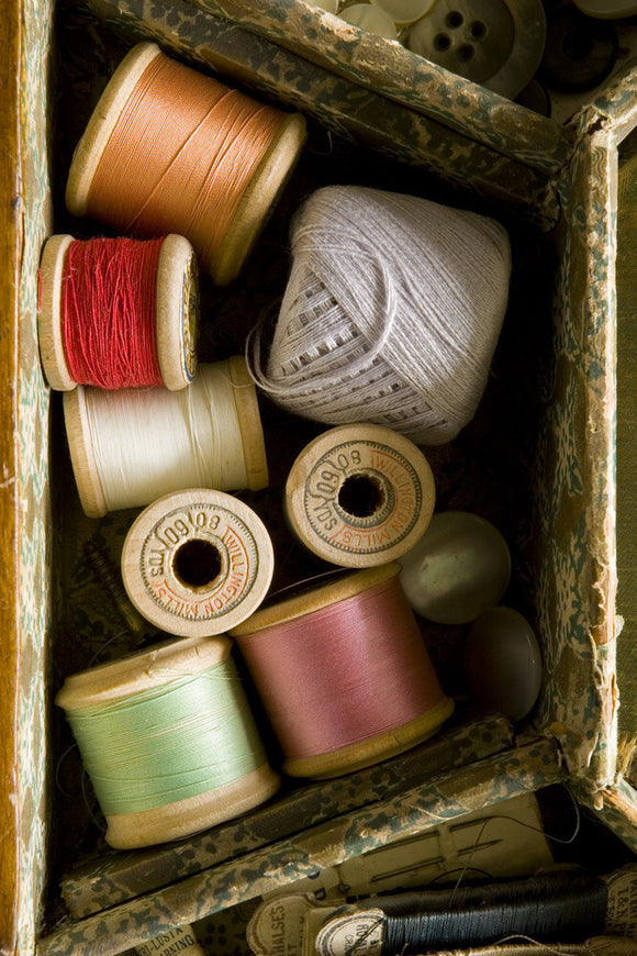 Cotton reels in the needlework box in the Parlour at Plas yn Rhiw, Pwllheli, Gwynedd