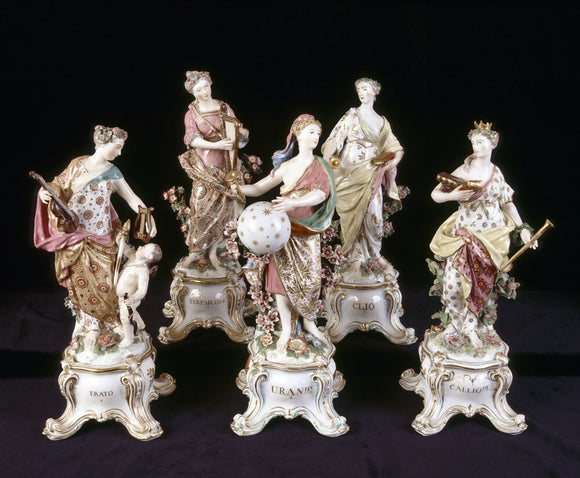 Close view of Chelsea Gold Anchor porcelain figures of five of the nine Muses, c 1765, in the Long Gallery at Upton House