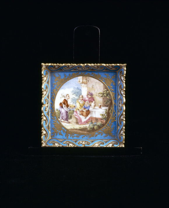 Close view of Sevres Bleu Celeste Square Plateau with perforated sides, depicting a woman and children in a rural setting, painted in the manner of Teniers, at Upton House,