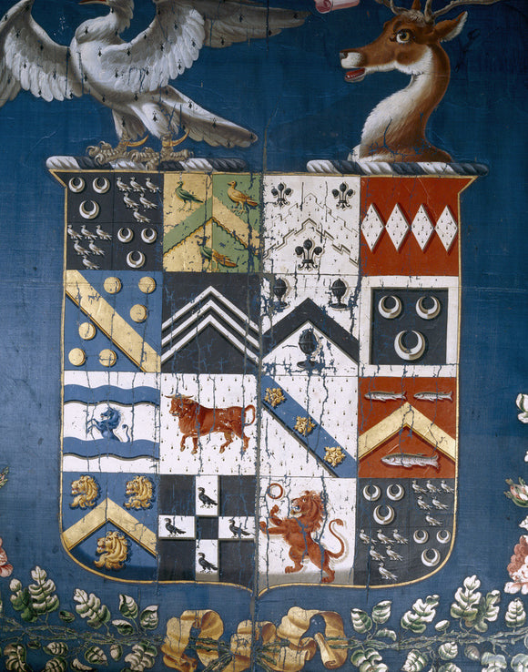 The central section of an heraldic banner painted on silk at Trerice, used by William Arundell Harris Arundell when High Sheriff of Cornwall in 1817