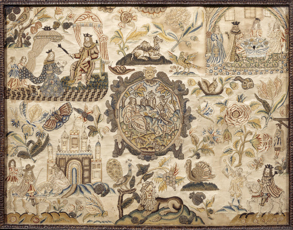 Stumpwork Embroidery in the Tapestry Room at Treasurer's House, York 17th century