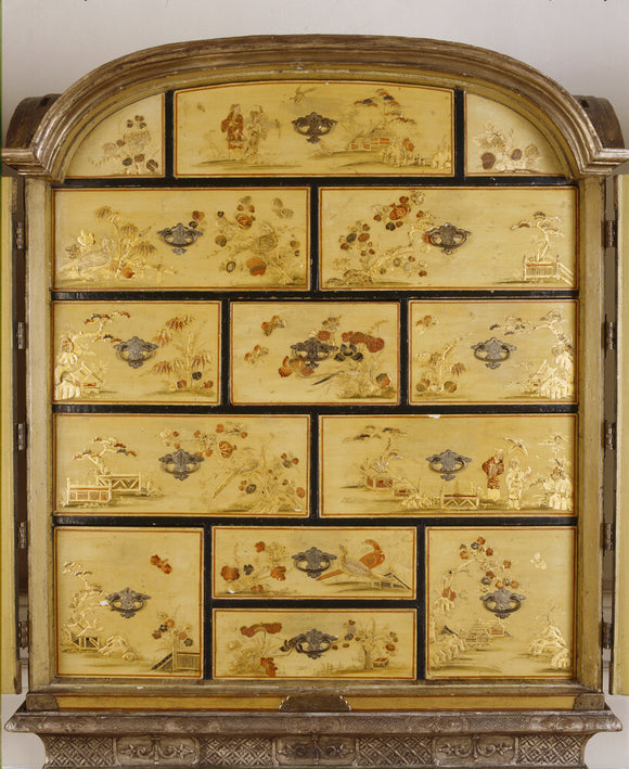 Close view of Queen Anne cream japanned cabinet in Lady Bearstead's Bedroom at Upton House