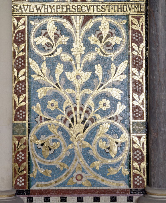 Close view of a mosaic panel, part of a triptych behind the altar in the Chapel at Tyntesfield