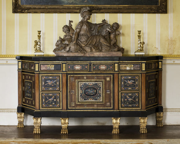 A Regency rosewood and ebonised veneered commode in the South Drawing Room at Hinton Ampner, Hampshire