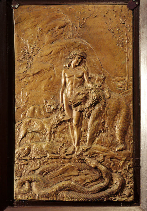 MOWGLI'; one of John Lockwood Kipling's bronzed plaster reliefs for 'The Jungle Book' in the Inner Hall