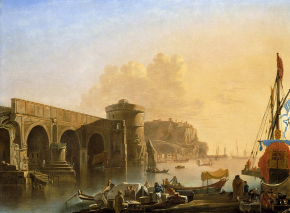 THE RUINED BRIDGE BY A QUAY by Adrien Mangalard 1695-1769