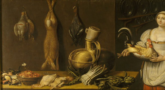 A COOK WITH STILL LIFE OF VEGETABLES AND GAME