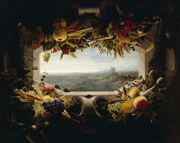 SEASCAPE IN A GARLAND OF FRUIT AND FLOWERS by Jan Anthonie van der Baren (1616-86) in the Library at Powis Castle