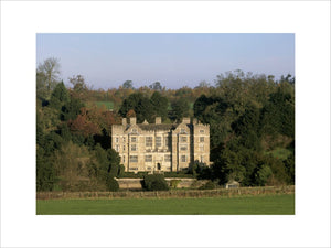 Long view of Fountains Hall in Studley Royal from road looking over fields, built by Stephen Proctor 1598-1604, partly with stone from abbey ruins