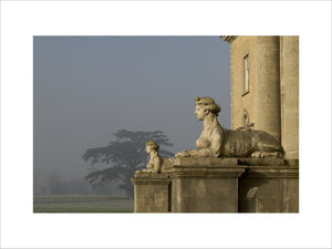 The pair of Coade sphinxes guarding the southern portico at Croome Court, Croome Park, Worcestershire