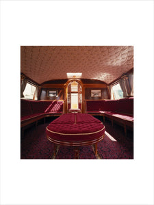 View of the restored interior of the Gondola on Coniston Water, facing towards the stern of the boat
