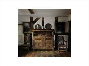 A 17th century carved oak court cupboard in Mr. Whitgreave's Room at Moseley Old Hall