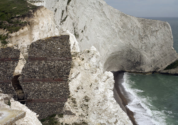 A view from the Needles Old Battery, built in 1862 following the threat of a French invasion, over the sheer chalk cliffs into Scratchell's Bay of the far Western point of the Isle of Wight