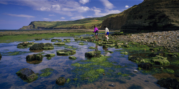 A view along the beach at Boggle Hole with people walking on rocks covered with seaweed