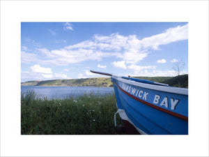 A boat at Runswick Bay, with the name 'Runswick Bay' on the side of it