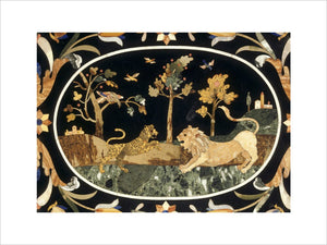 An 18th century Florentine Pietra Dura table top in the Bust Parlour at Shugborough Hall showing a lion and a leopard with landscape behind