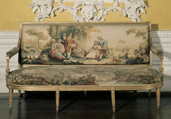 Louis XIV settee with Beauvais tapestry at Claydon in the North Hall, Buckinghamshire