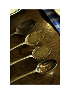 Jam spoons with chased floral decoration, part of the collection in the Living Room at the Priest's House, Snowshill Manor