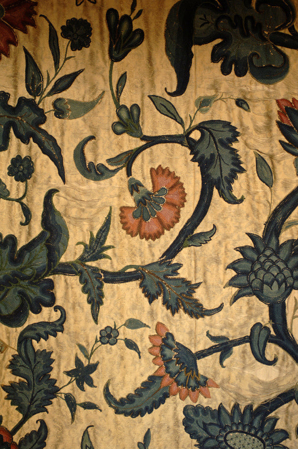 Close view of a C17th crewel work bed hanging from the Grey Room at Snowshill Manor, home of collector Charles Wade