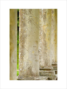 Close view of the columns of the C18th Palladian Bridge at Prior Park, Bath, UK showing the marks engraved by visitors