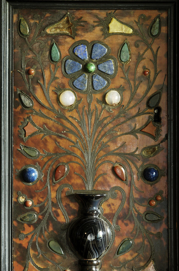 Close view of part of a large cabinet made in China for export to Europe with tortoiseshell and brass inlay and semi-precious stones from Italy, c
