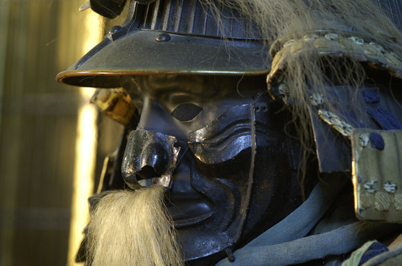 Close view of Japanese Samurai armour, part of a remarkable C17th to C19th collection of twenty six suits of armour, in the Green Room at Snowshill Manor