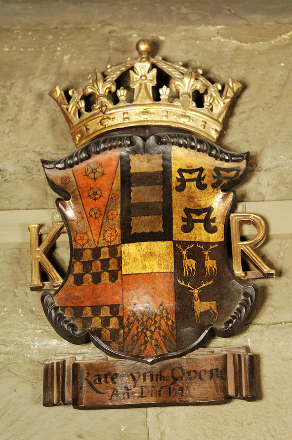 The coat of arms of Katherine Parr on the wall of Dragon, at Snowshill Manor