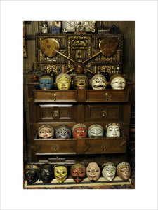 Part of the collection of Javanese and Balinese (Wagang and Topeng) theatre masks in Seraphim, Snowshill Manor, displayed in drawers
