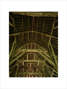 Interior timber roof structure in thirteenth century Great Coxwell Barn, Faringdon, Oxfordshire