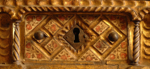 Close view of the detail on a Spanish Vargueno cabinet in the Grey Room at Snowshill Manor, home of collector Charles Wade