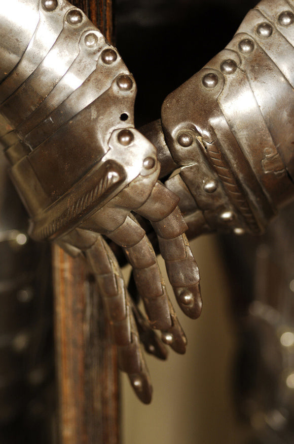 Close view of parts of a suit of armour, German, dated 1540, from Nuremberg