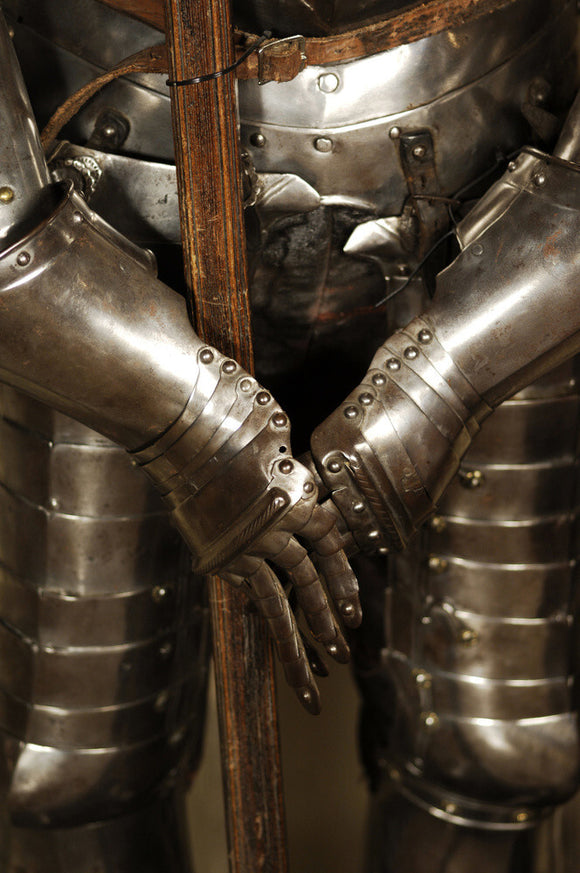 Close view of parts of a suit of German armour at Snowshill Manor, in the room known as Dragon