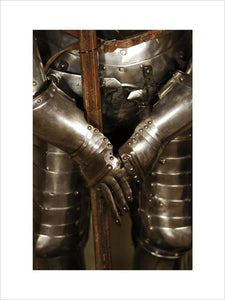 Close view of parts of a suit of German armour at Snowshill Manor, in the room known as Dragon
