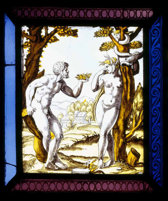 Detail of an early stained glass window in the Hall at Melford Hall, depicting Adam tempting Eve