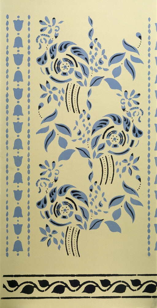 Detail of a stencil decoration in two shades of blue on a cream wall in the 1840's Ground Floor Living Room of the Birmingham Back to Backs