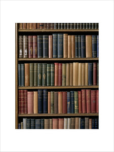 Close view of part of the Library shelves showing some of the collection of books on travel and exploration at Calke Abbey
