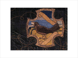 A bird similar to a thrush on a motif from the Matian Needlework at Oxburgh Hall