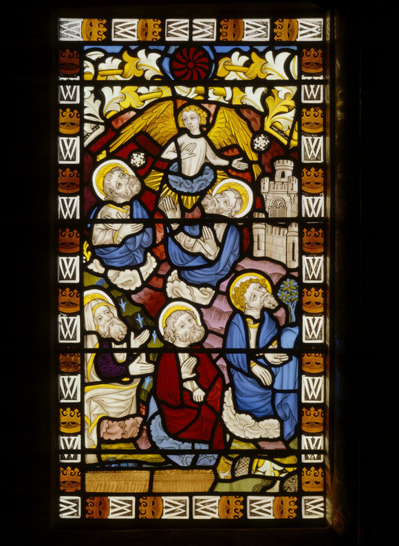 Stained glass panel representing The Apostles assembled
