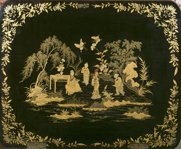 Close-up of a top of a needlework cabinet, showing a Chinese scene