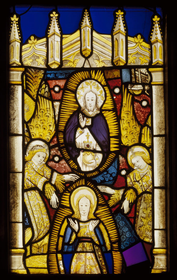 Stained glass panel representing the Virgin in Glory