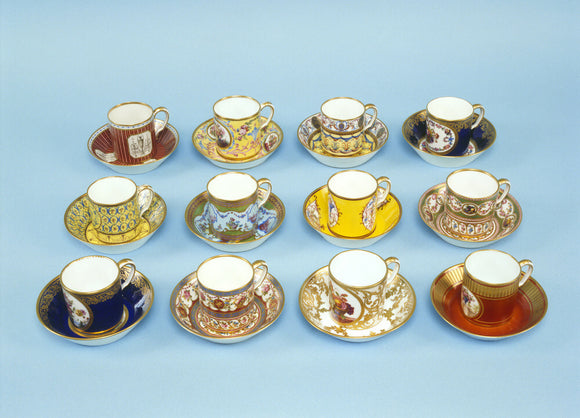 Twelve Sevres harlequin coffe cans and saucers at the Clive Museum in Powis Castle