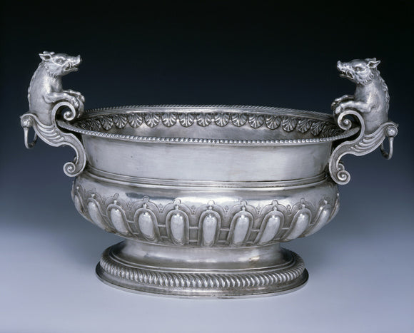 A William III wine cistern by Philip Rollos, 1701, (DUN.S.310) part of the silver collection at Dunham Massey, photographed for the Country House Silver book.