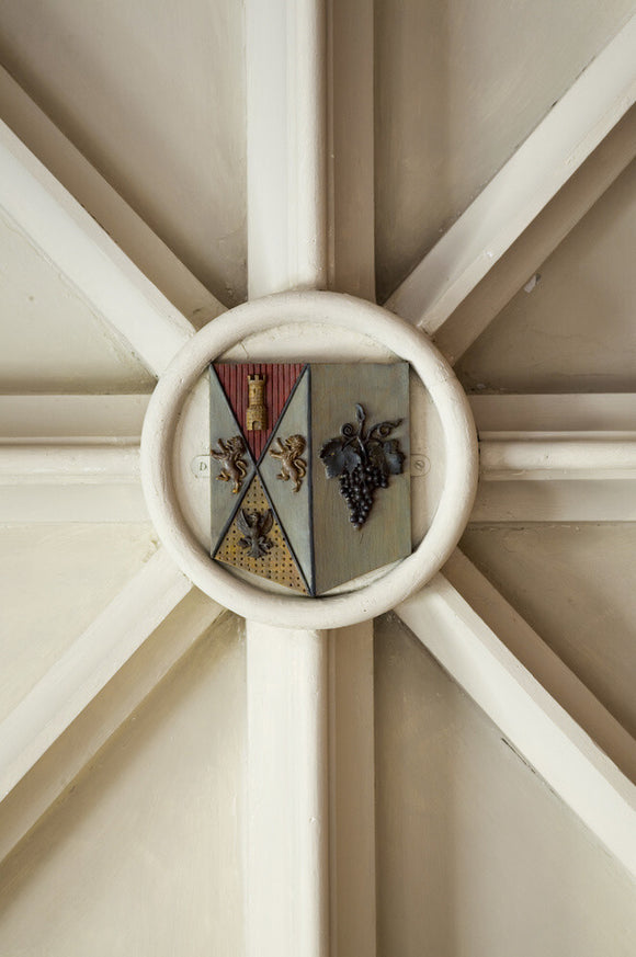 Disraeli coat of arms on the ceiling of the Entrance Arcade at Hughenden Manor, High Wycombe, Buckinghamshire