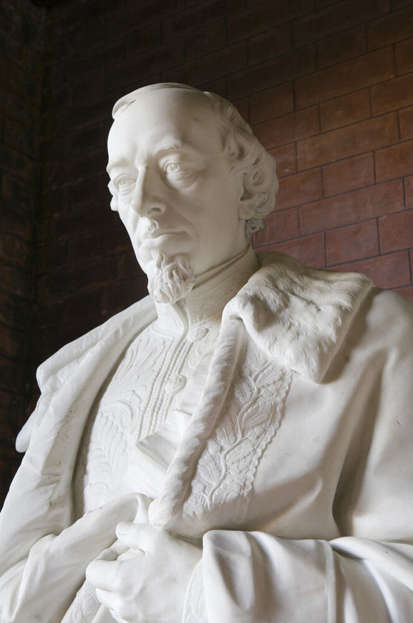 Head of the marble statue of Disraeli in his robes as Chancellor of the Exchequer, by Charles Bell Birch, ARA, (1832-93) in the Entrance Arcade at Hughenden Manor, Buckinghamshire, home of prime minister Benjamin Disraeli between 1848 and 1881