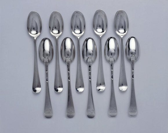 A set of ten salt spoons, c.1730, possibly by William Strange, (DUN.S.474), part of the silver collection at Dunham Massey, photographed for the Country House Silver book.
